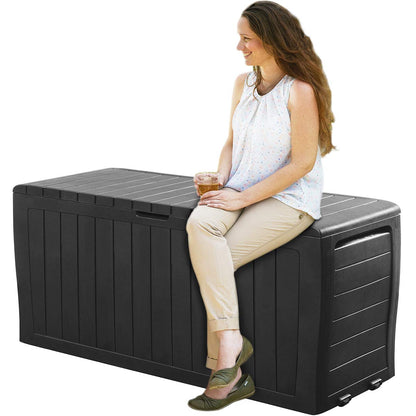 Deuba® Marvel+ Plus by KETER 270 Litre Outdoor 65% Recycled Garden Furniture Cushion Storage Box | Fade Free | Weather Resistant | Safe & Secure | Maintenance Free | Graphite Wood Effect Anthracite